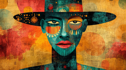 Wall Mural - Abstract art design featuring a funny man in a boho style, with creative elements and a vintage border, perfect for magazine covers and cards