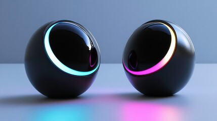 Aufkleber - Two sleek, futuristic black spheres with glowing edges on a minimalistic surface.