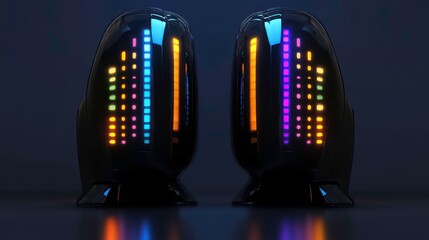 Poster - Two futuristic devices with illuminated vertical patterns, suggesting advanced technology.
