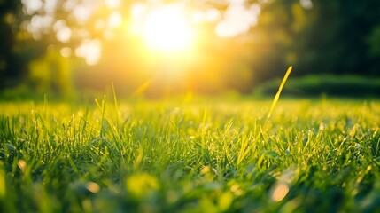 Wall Mural - Close-up View of Green Grass with Sunlit Background. Copy space concept.