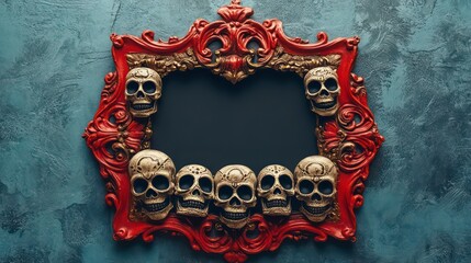 A decorative mirror framed with ornate skulls, creating a gothic and macabre aesthetic.