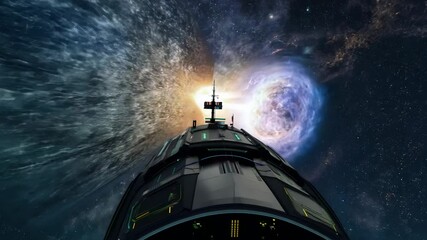 Wall Mural - a spaceship is flying through space with a large, glowing object in the background. scene is one of 