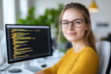 female coder working in a modern office, engaging with digital data and cybersecurity elements