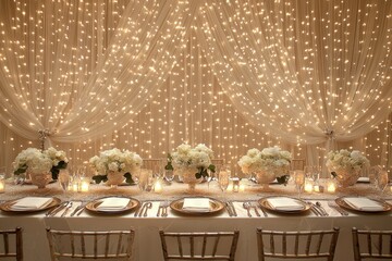 Canvas Print - A Festive Table Setting with White Flowers and Twinkling Lights