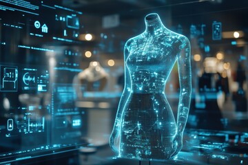 digital fashion display showcasing a holographic mannequin in a modern retail environment