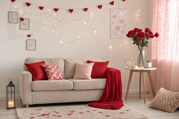 Valentine's Day living room decor, cozy beige sofa, red heart garland, fairy lights, red roses in vase, white brick wall, romantic atmosphere, soft pink curtains, decorative pillows, cozy throw blanke