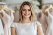 © Sohaib q - A smiling young woman in a bridal shop, wearing a white dress with lace details. Soft lighting highlights her features, and elegant wedding dresses hang in the background