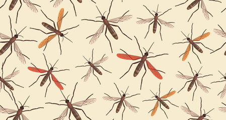 Seamless pattern of mosquito pattern. Realistic mosquito on beige background. Vector.