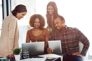 Poster - Reading, smile and group with laptop, office and collaboration for usability testing and ux design. Creative, people and conversational AI designer for language generation, teamwork and project