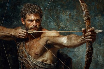 stillness night Odysseus demonstrates his legendary determination as he strings his bow embodying focus and strength olive skin and simple garments.