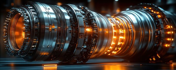 Poster - A Close-Up of a Futuristic, Metallic Engine Glowing with Orange Light