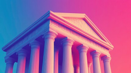 Leinwandbilder - Stylized illustration of a classic building with columns, set against a pink and blue gradient background.