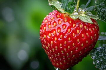 Wall Mural - Fresh ripe strawberry hanging on green foliage. This vibrant fruit is perfect for summer recipes and healthy snacks. Its juicy texture and bright color catch the eye. Generative AI