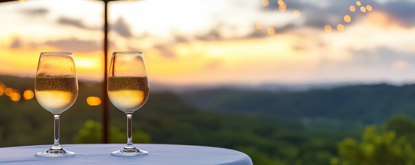 Romantic and serene atmosphere is created as two glasses of white wine reflect the warm glow of the setting sun over a picturesque valley on a table