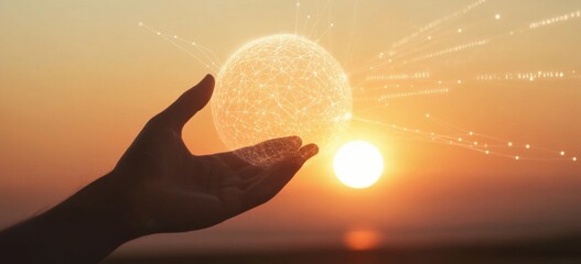 A hand touching a glowing digital sphere, connecting to the sky with light beams and lines of code in the background, representing the global network connection concept Generative AI