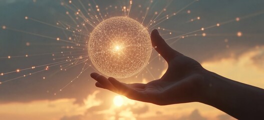 A hand touching a glowing digital sphere, connecting to the sky with light beams and lines of code in the background, representing the global network connection concept Generative AI