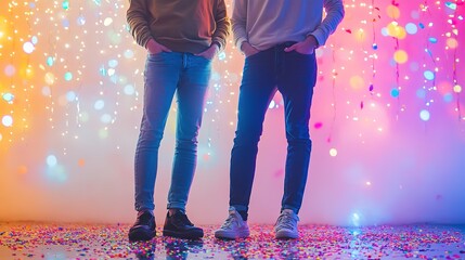 Colorful party atmosphere with two people standing amidst confet