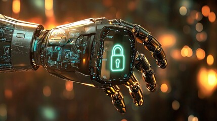 Aufkleber - Futuristic Robotic Hand Holding a Glowing Lock Icon