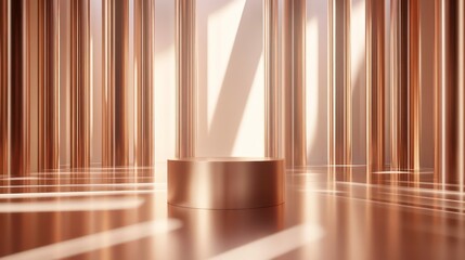 Leinwandbilder - A modern, illuminated space featuring a circular pedestal surrounded by tall columns.