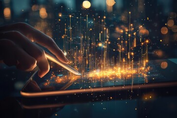 Poster - Hand Using a Stylus to Interact with a Digital Interface with a Glowy Cityscape Display