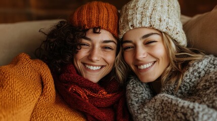 Wall Mural - Two women warmly dressed in knitted hats and sweaters share a joyful moment indoors, showcasing their close friendship and happiness in a cozy environment.