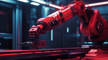 Aufkleber - Red robotic arm working on an automated production line in a futuristic factory.