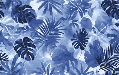 Wall Mural - Tropical leaves in various shades of blue create a serene pattern for decor or textile design in a light-filled space