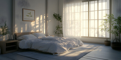 Canvas Print - Sunrise Serenity: A minimalist bedroom bathed in soft, golden sunlight streaming through sheer curtains, evoking a sense of peace and tranquility. The bed is made with crisp white linens.