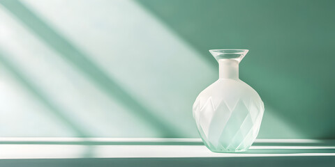 Poster - Glass Vase in Sunlight: A minimalist still life featuring a frosted glass vase, illuminated by warm sunlight streaming through a window. The green background creates a serene and tranquil atmosphere.