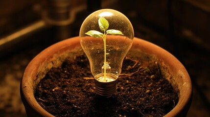 Poster - A Small Plant Sprouting Inside a Lightbulb