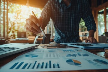 Aufkleber - Businessman Analyzing Financial Charts and Data with a Pen