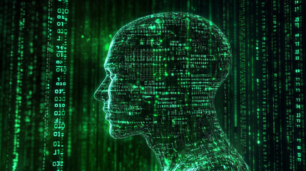 digital human head matrix code green neon light abstract background