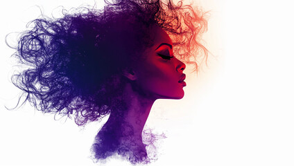 Wall Mural - A woman with vibrant, curly hair against a soft, gradient background in artistic profile view