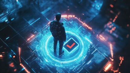 Aufkleber - Man standing on a glowing blue platform with a check mark, digital box and tablet.