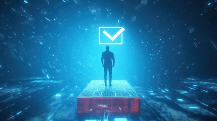 Aufkleber - A silhouetted figure stands on a platform, illuminated by a glowing checkmark in a digital space.
