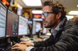 © Inna - A focused trader works diligently at a trading desk, examining multiple screens filled with market data and financial charts. The atmosphere is dynamic and busy, indicative of a financial institution