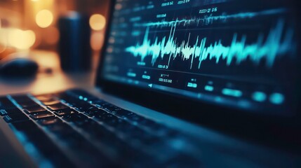 Poster - Laptop displaying audio waveform for podcast transcription with text and sound representation