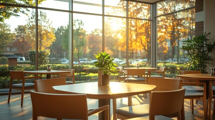 Poster - A warm, inviting dining area features wooden tables and chairs. Sunlight streams through large windows, illuminating vibrant fall foliage outside, creating a serene atmosphere.