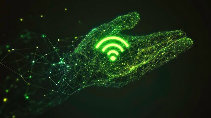 Fototapete - It has a glowing green Wi-Fi icon on its hand, surrounded by a digitally styled network of connected lines and dots