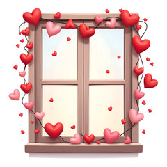 A serene window capturing the essence of love and affection through floating hearts, digital illustration of symbolic representation concept.