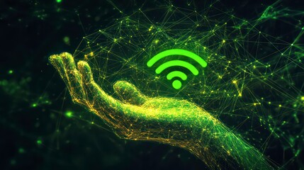 Aufkleber - A glowing hand holds a green Wi-Fi symbol, symbolizing connectivity and technology.