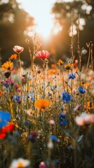 Wall Mural - Colorful wildflowers blooming in a sunlit meadow during golden hour of late spring