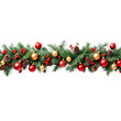 © mimo - The Christmas tree border with green fir branches, red bow, balls, golden stars and gold lights isolated on transparent background.