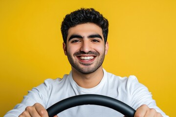 A person smiling while holding a steering wheel, possibly driving or learning to drive