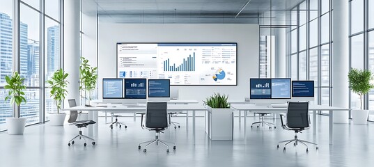 A modern office setup with multiple screens displaying various business data and analytics, set against a sleek, clean environment.