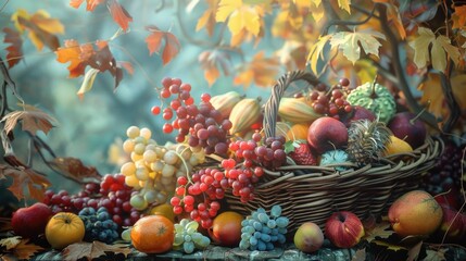 Sticker - Fresh and colorful fruits arranged in a wicker basket, ideal for use in still life photography or as a prop for food-related concepts