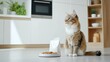 © Y_Malashkevych - A cheerful cat sits serenely beside an empty dog bowl while a plain bag of cat food rests on the floor in a bright contemporary kitchen. The setting offers spaciousness and tranquility