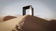© Goashape-Studio - The Path to the Unknown: A minimalist metallic portal stands atop a sand dune, symbolizing opportunity and the potential for exploration. The sandy landscape stretches out beneath a hazy sky.