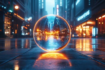 Poster - A Cityscape Reflected in a Glass Sphere on a Wet Pavement