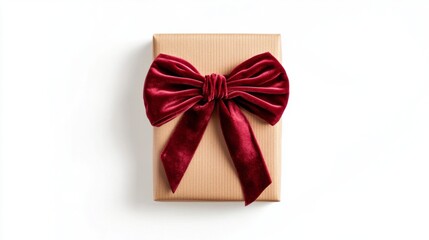 gift box wrapped with brown craft paper and red velvet bow and ribbon on white background 